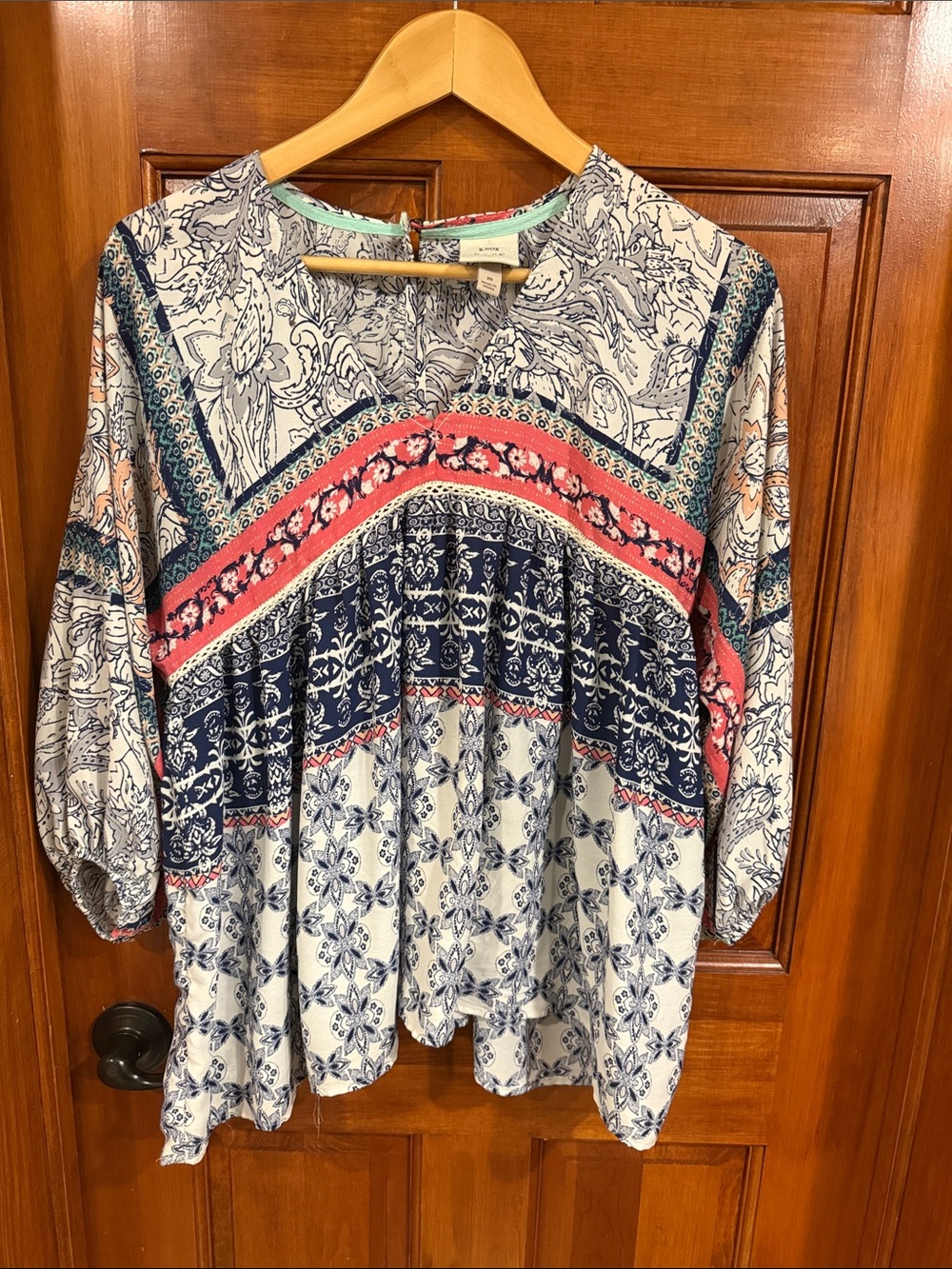 Knox Rose Navy, Coral & Cream Boho Print Peasant Tunic